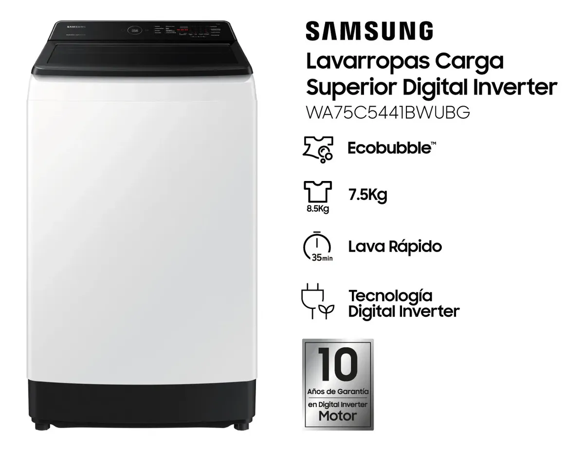 LAVARROPAS CARGA SUP SAMSUNG 7.5KG WA75 BLANCO